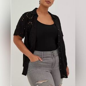 Torrid Black Button Down Eyelet Shirt with Notched Collar